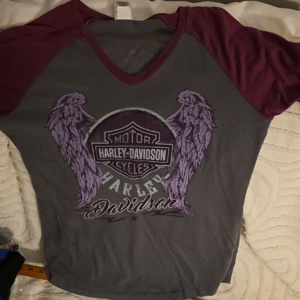 Harley-Davidson Women's Gray and Purple Angel Wing Tee